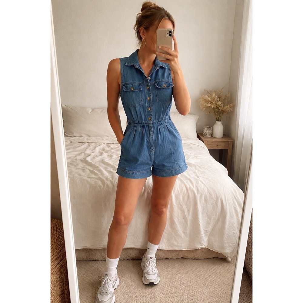 Sleeveless Denim Romper - Blue